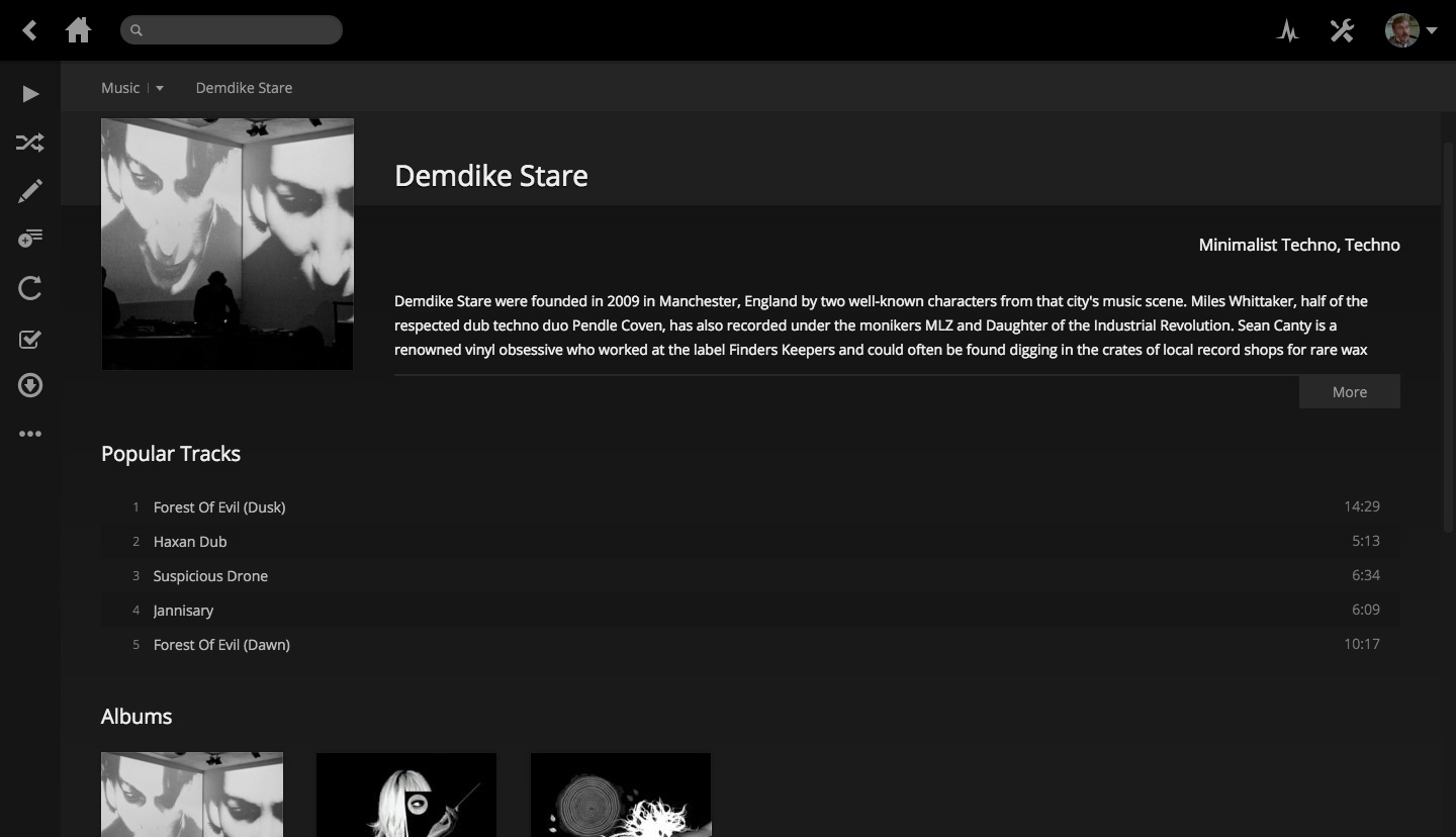 The Plex artist page showing artist biography, album art, and popular tracks