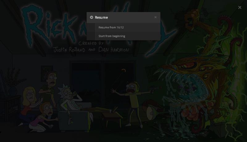 The Plex playback screen showing a resume prompt, indicating where the user last stopped watching a film