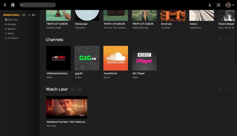 The Plex Channels screen and Watch Later queue, showing web content sources and a queue of saved videos