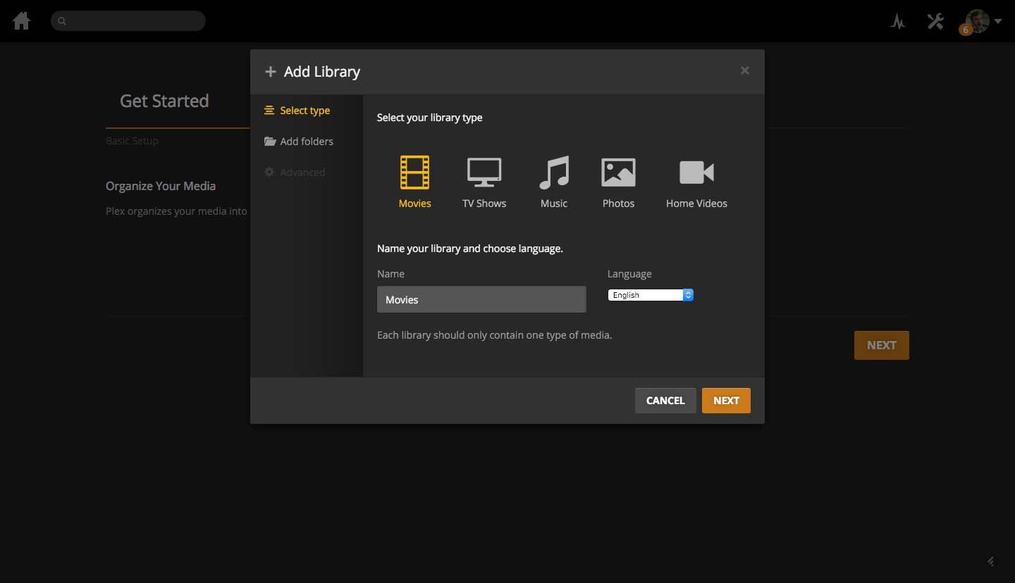The Plex setup wizard showing the library type selection screen, with options for Movies, TV Shows, Music and more