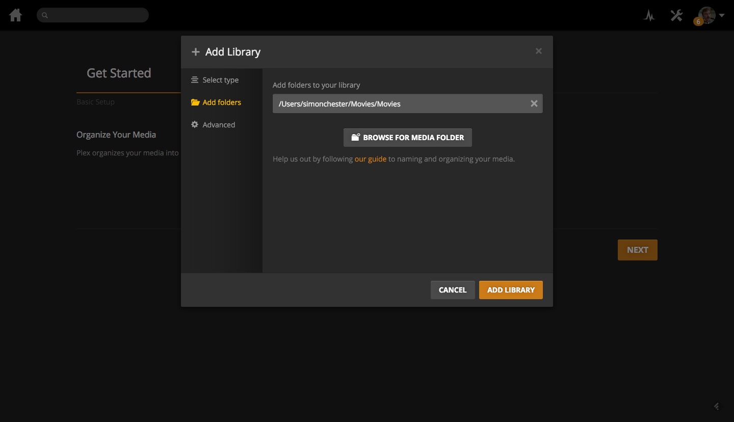 The Plex setup wizard showing the folder browser for selecting where your media is stored, with an option to add multiple directories