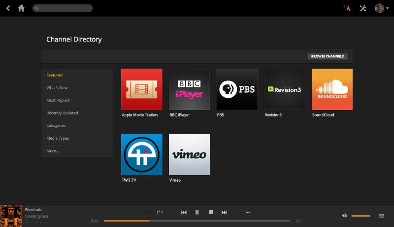 The Plex Channel installation screen showing a grid of official channel icons including TED, Vimeo, and various streaming services