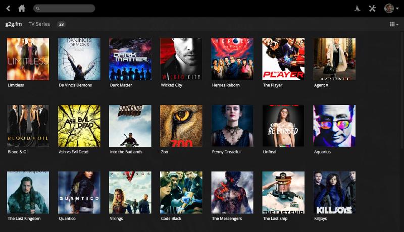 The G2G.fm Plex channel interface showing a grid of new-release movie thumbnails available for streaming