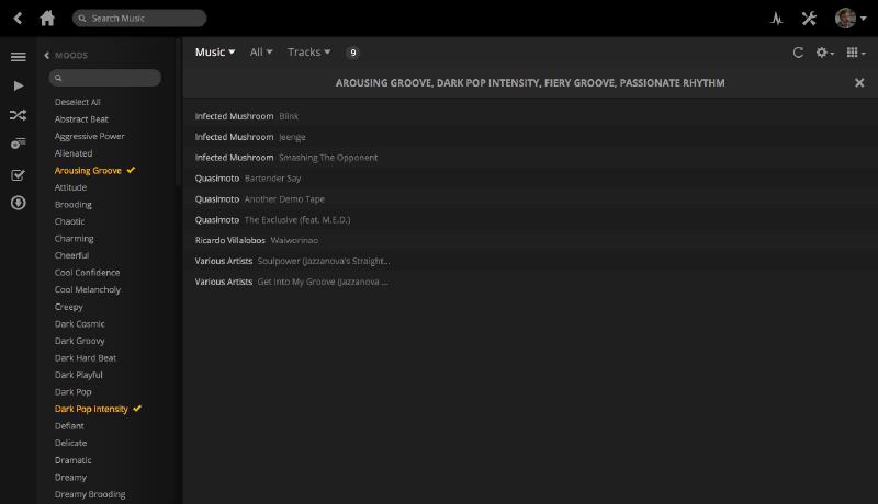 The Plex mood-based playlist filter screen, showing a series of mood options including 'arousing groove', 'dark pop intensity', 'fiery groove', and 'passionate rhythm'