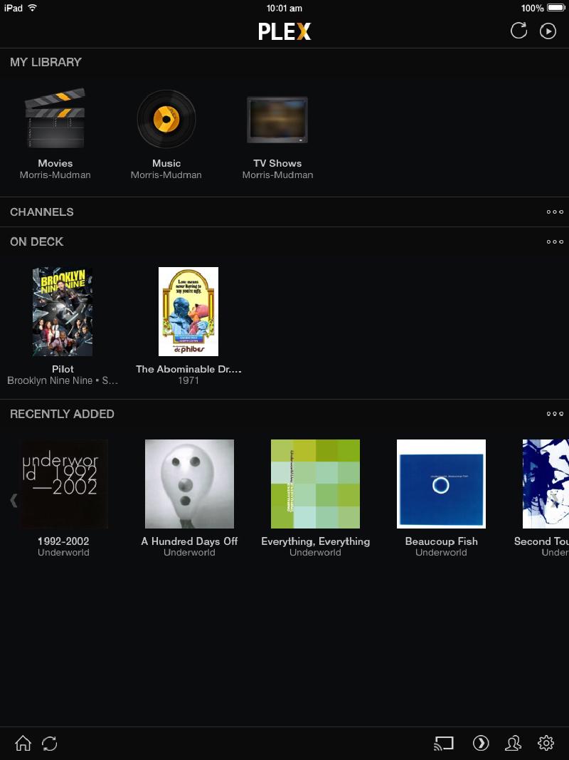 The Plex app running on an iPad, showing the main library navigation screen with movie and TV section tiles