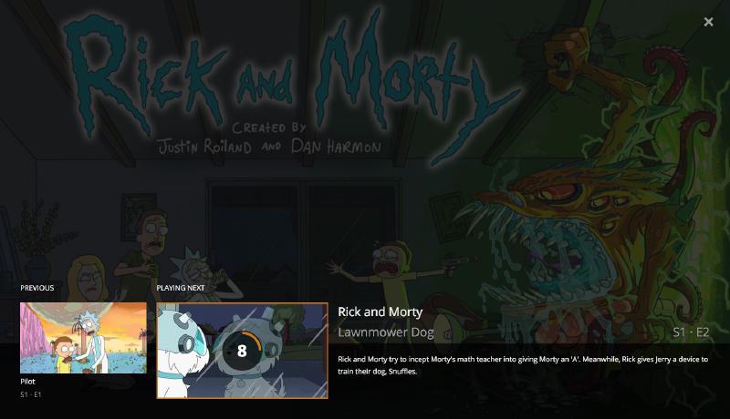 The Plex interface showing an auto-play countdown screen preparing to start the next episode in a TV series