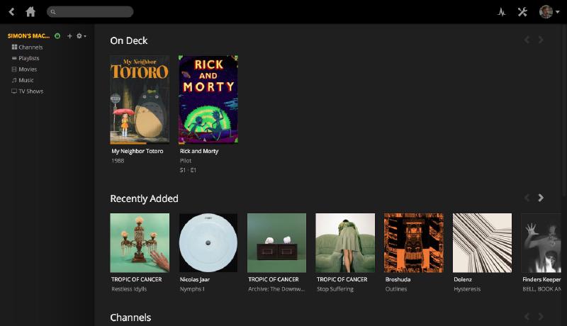 The Plex On Deck section showing a row of in-progress movies and TV episodes with progress bars indicating how far through each the user has watched