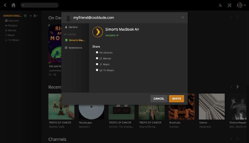 The Plex library sharing screen, showing a friend's username being added and toggle options for which libraries and features to share with them