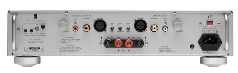 The rear panel of a power amplifier including balanced XLR inputs