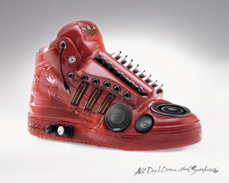 A shoe covered in speakers, used as a humorous illustration of the speaker placement concept of toe-in