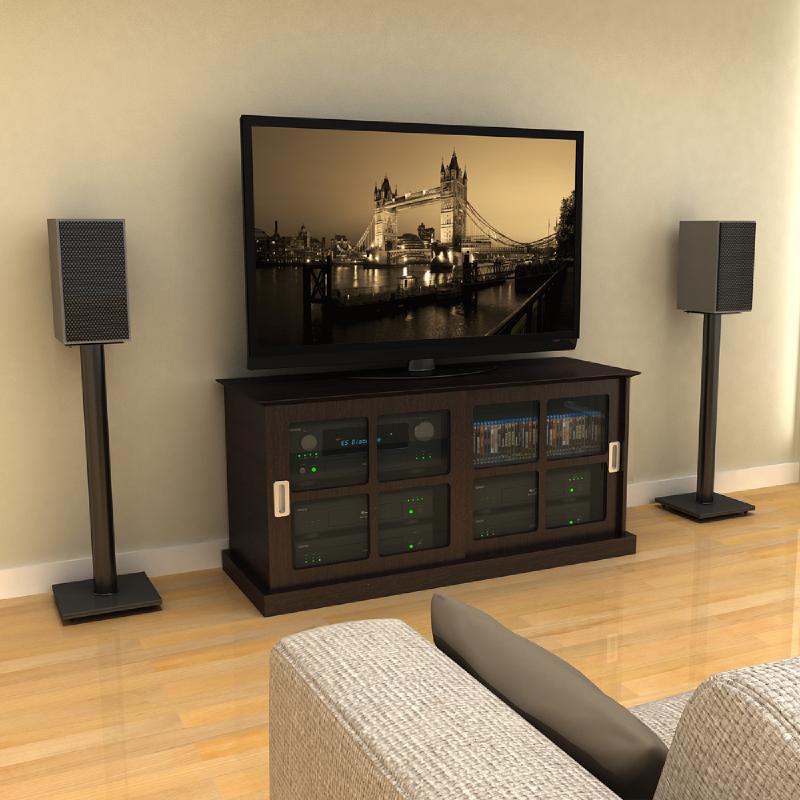 Bookshelf speakers mounted on dedicated speaker stands to achieve the correct ear-level listening position
