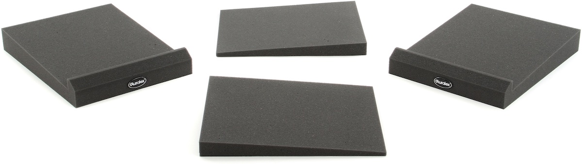 An Auralex Mopad foam wedge used to angle a centre channel speaker toward the listening position