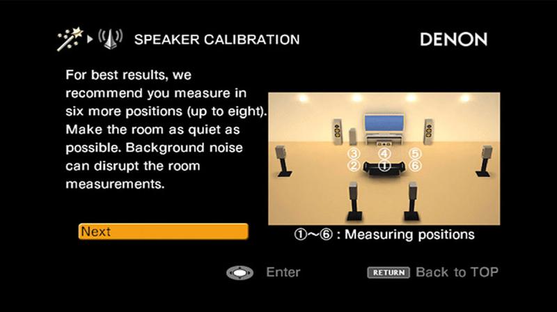 A Denon AV receiver displaying its automatic speaker calibration program