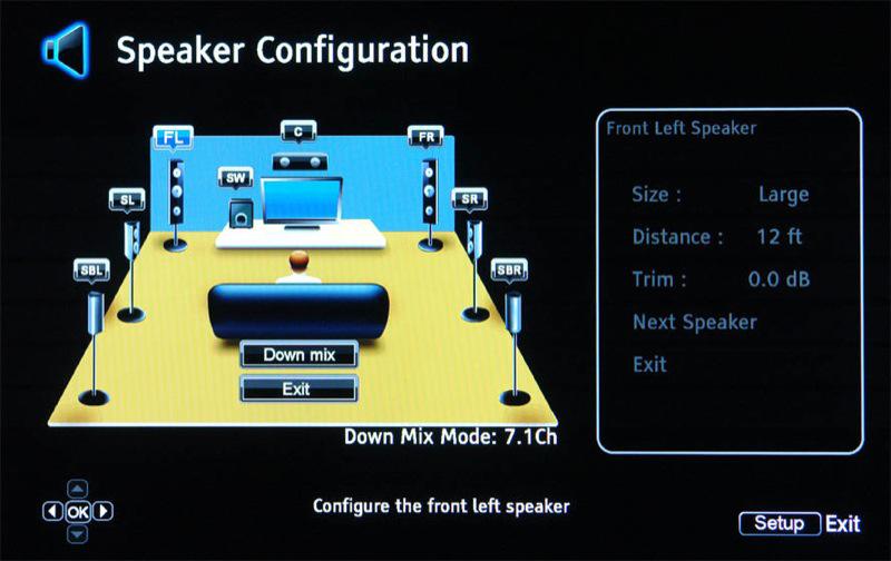 A receiver on-screen setup menu showing distance, speaker type, and volume compensation settings for each individual channel