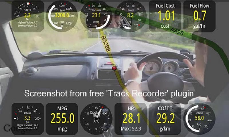 Torque Pro app showing front-facing camera video overlaid with OBD-II data
