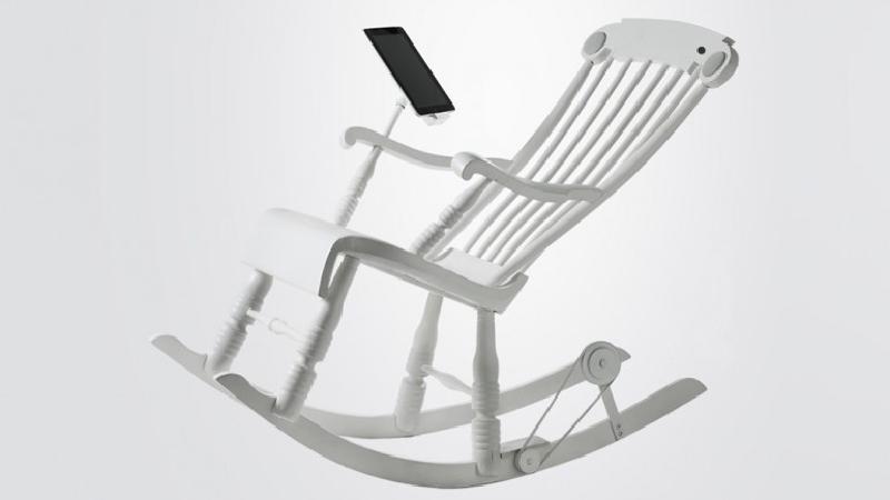 iRock rocking chair with built-in iPad stand that charges via kinetic energy
