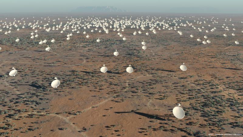 Artist's impression of the Square Kilometre Array radio telescope stretching across the landscape