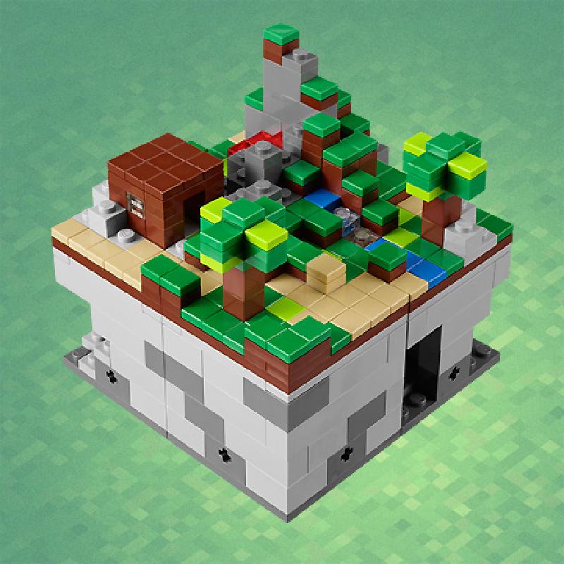 Official Lego Minecraft set with pixel-art grass blocks and Creeper