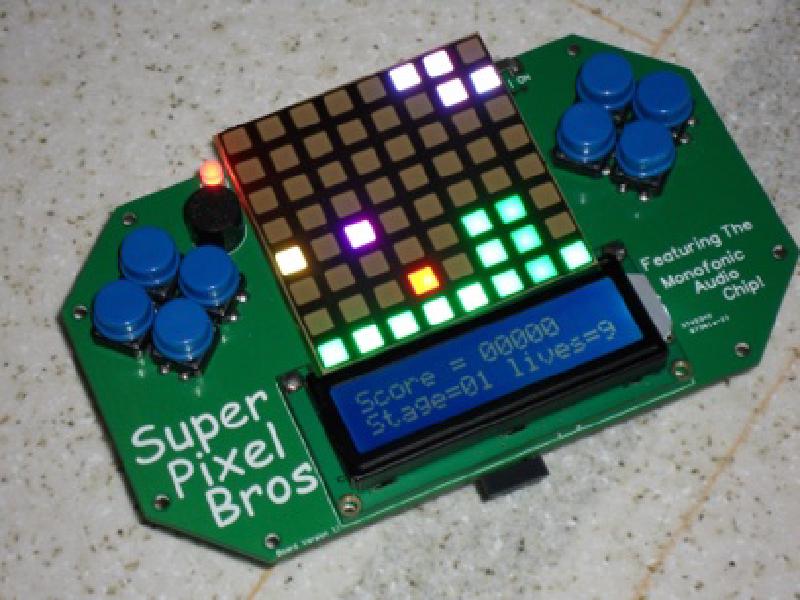 Super Pixel Bros running on a tiny PCB with LED matrix display