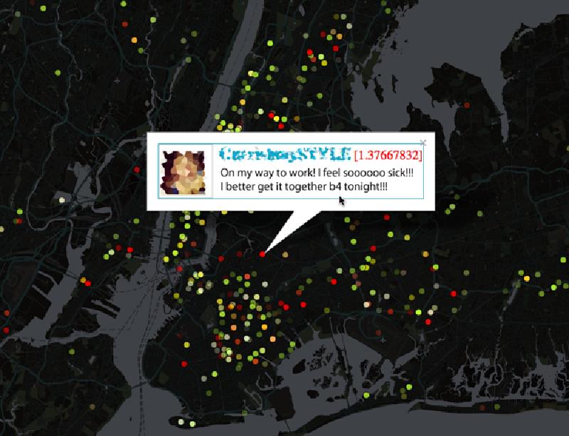 Map of New York City showing Twitter-based illness hotspot predictions