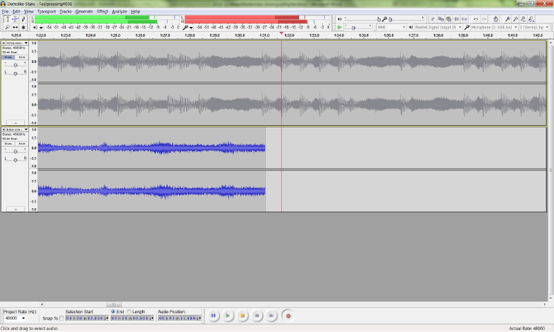 The Audacity interface showing Side A muted while recording Side B