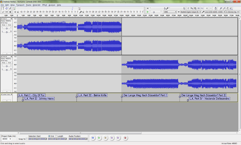 The Audacity interface with track labels applied across both sides of the record