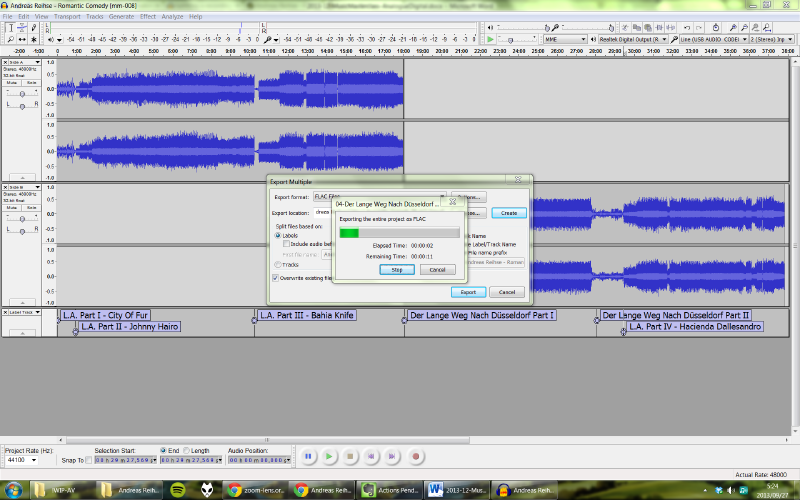 The Audacity Export Multiple dialog with FLAC format selected