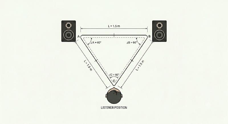 Diagram showing an equilateral triangle formed between the listener and two speakers