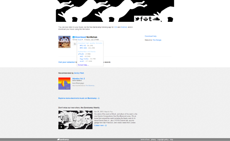 The Bandcamp download page showing a format selection dropdown menu