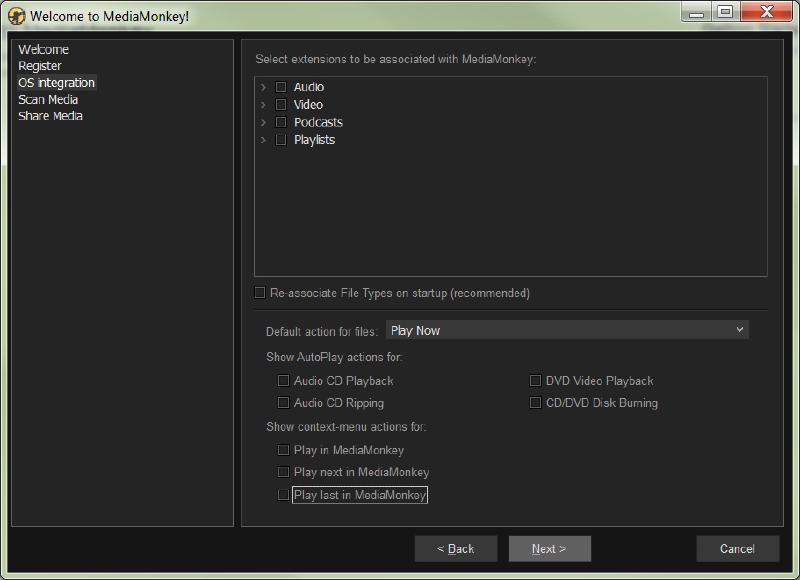 MediaMonkey's file associations settings page on first run