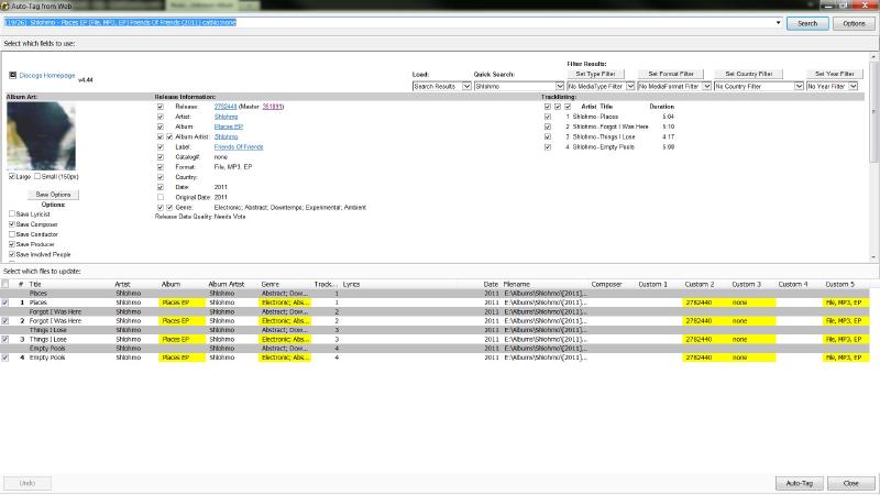 MediaMonkey's Auto-Tag from Web dialog with the Discogs Tagger plugin active