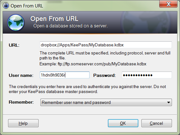 The KeePass URL Credential Wizard showing authentication options for connecting to a Dropbox-hosted password database