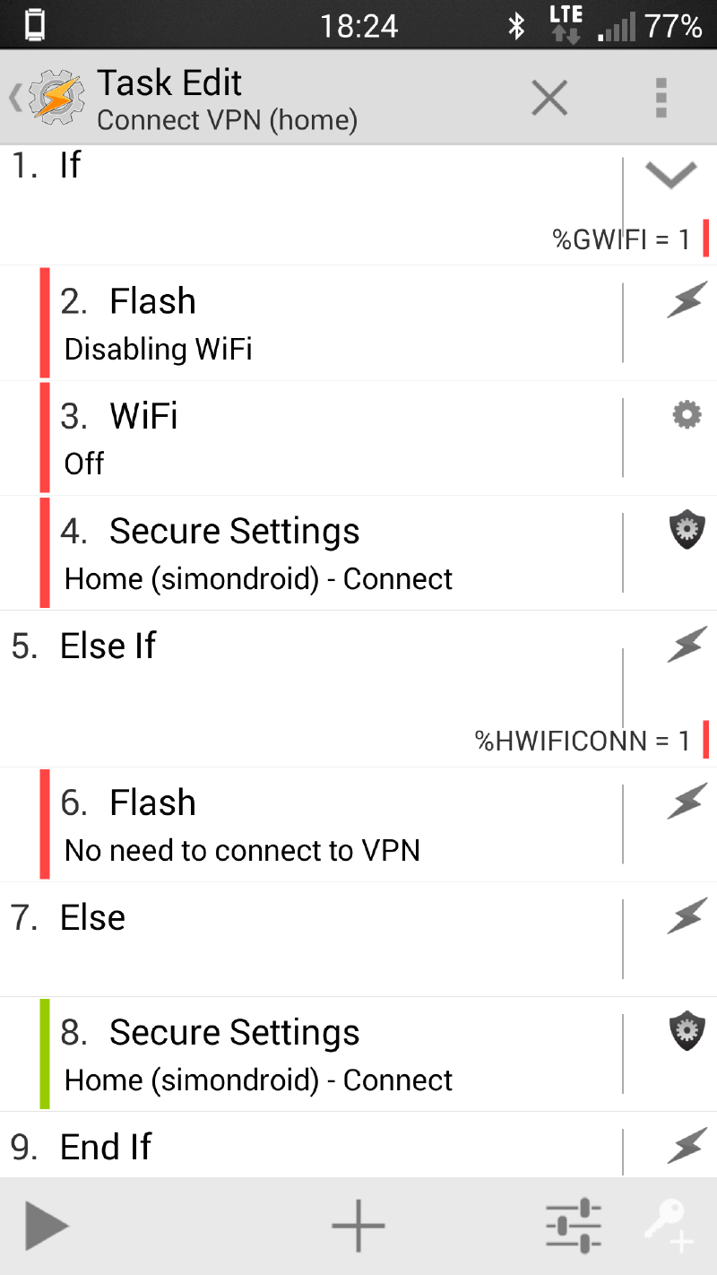 An 'if/else if/end' statement. Note the red and green indicating which Actions will currently be performed.