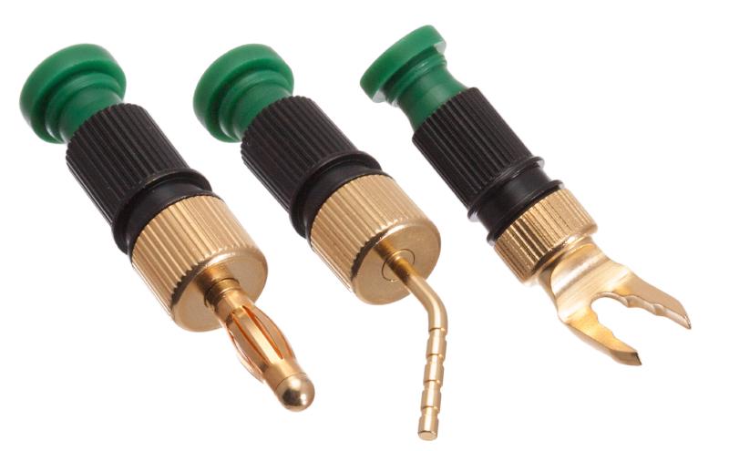 Holland speaker cable connectors showing banana plugs, pin connectors, and spade lugs